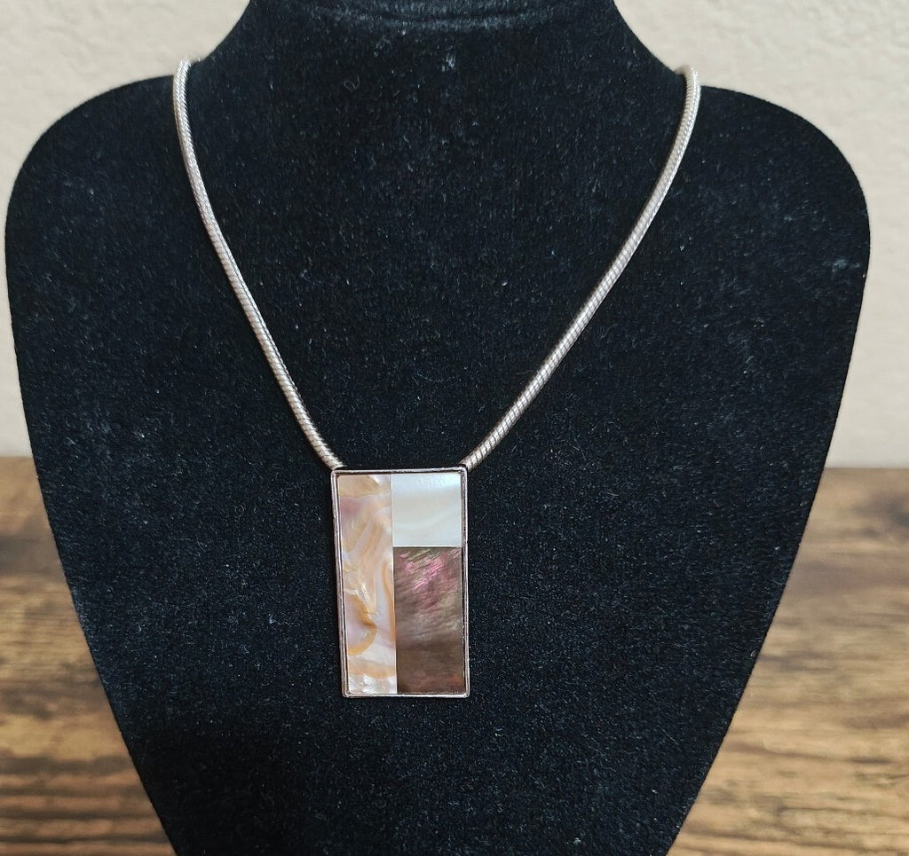 2000s Lia Sophia Mother of Pearl & Abalone Mosaic Geometric Pendant Necklace