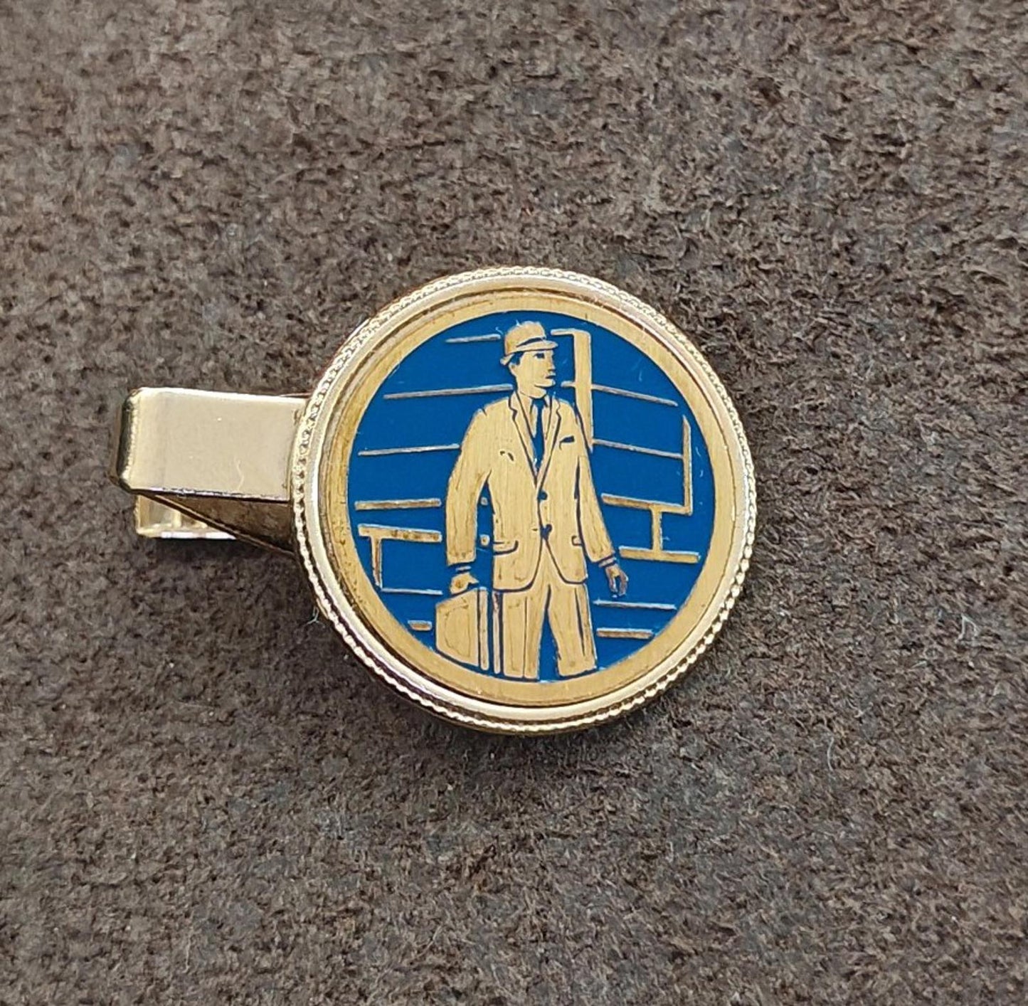 1950s/60s Rare Gold Tone Blue Enamel Man In a Suit Holding a Suitcase Tie Clip