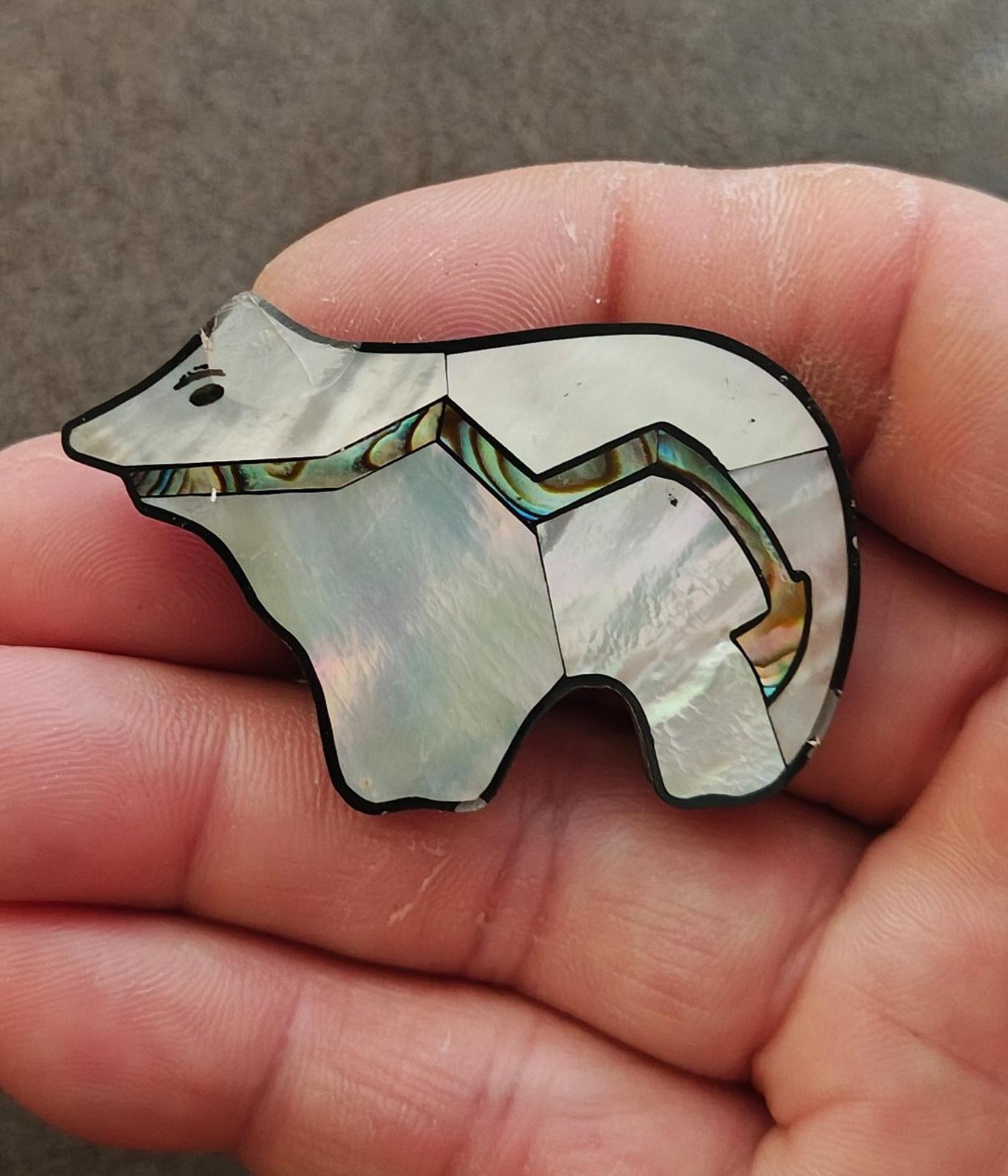 1990s Native American Zuni Style Mother of Pearl and Abalone Shell Bear Brooch