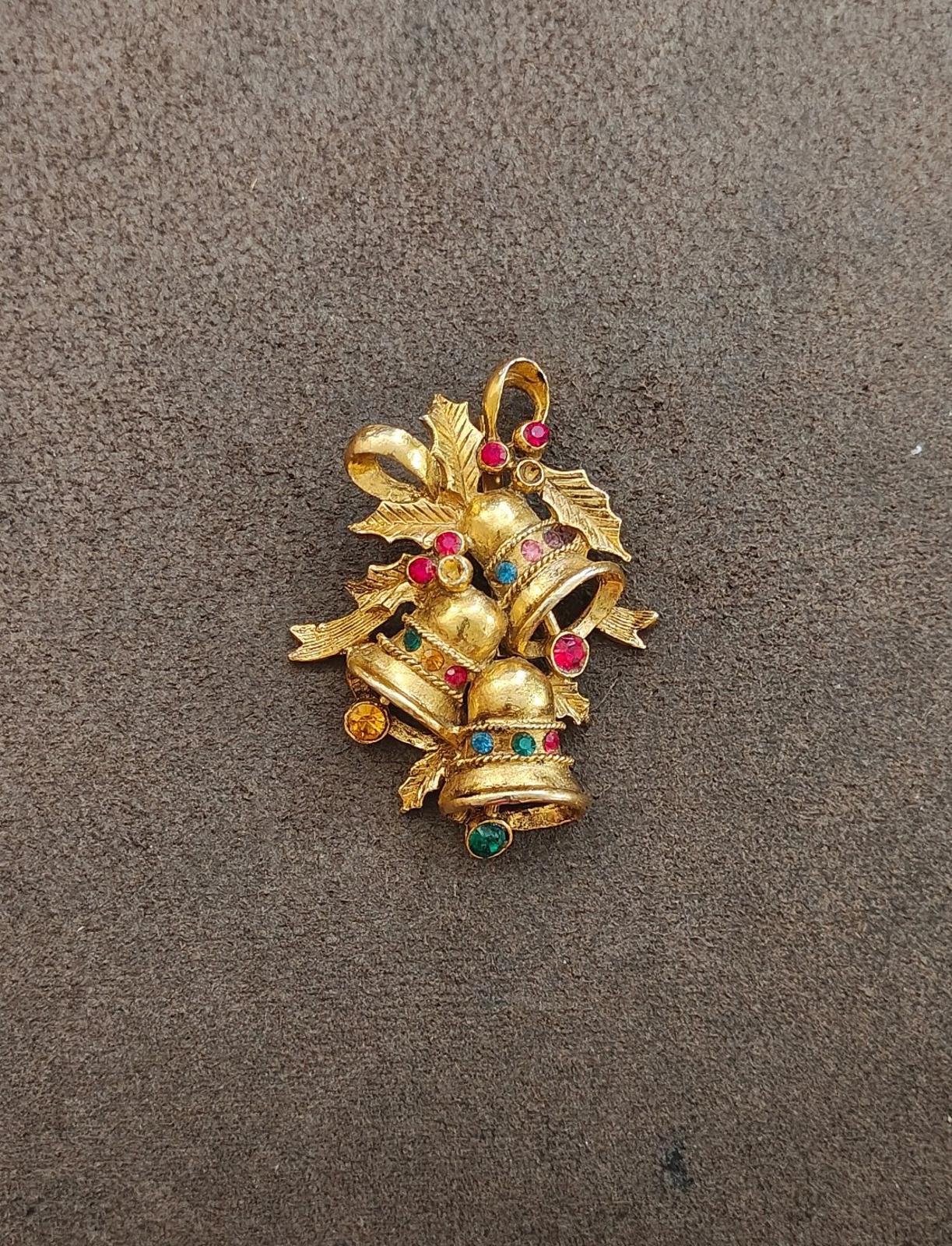 1970s Beatrix Gold Tone With Rhinestones Christmas Bell Brooch.