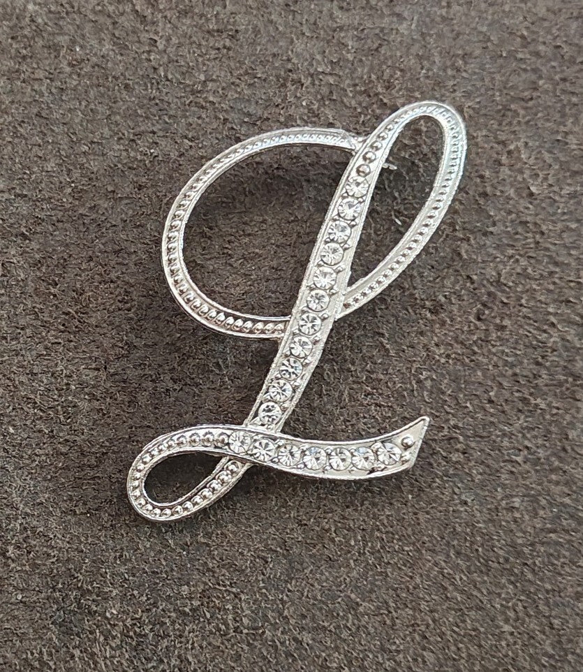Silver Tone Monogram Initial "L" With Sparkling Clear Rhinestones Brooch