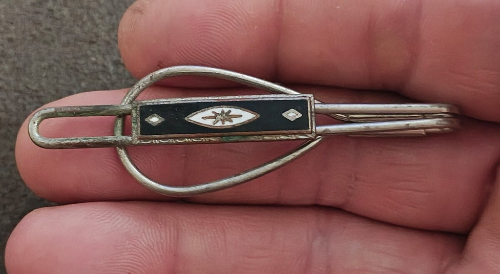 1930s/40s Art Deco Loop Style Silver Tone Black and White Tie Clip