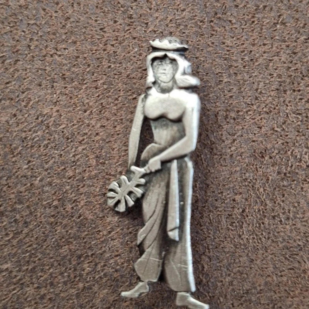 Metzke pewter girl brooch pin, side view standing figure holding staff, silver-tone
