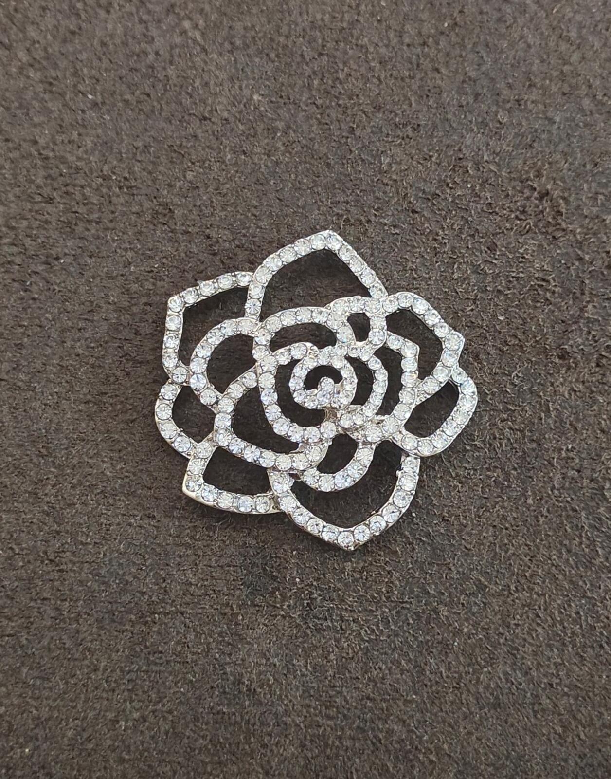 1980s Silver Tone Sparkly Rhinestones Rose Shank Button