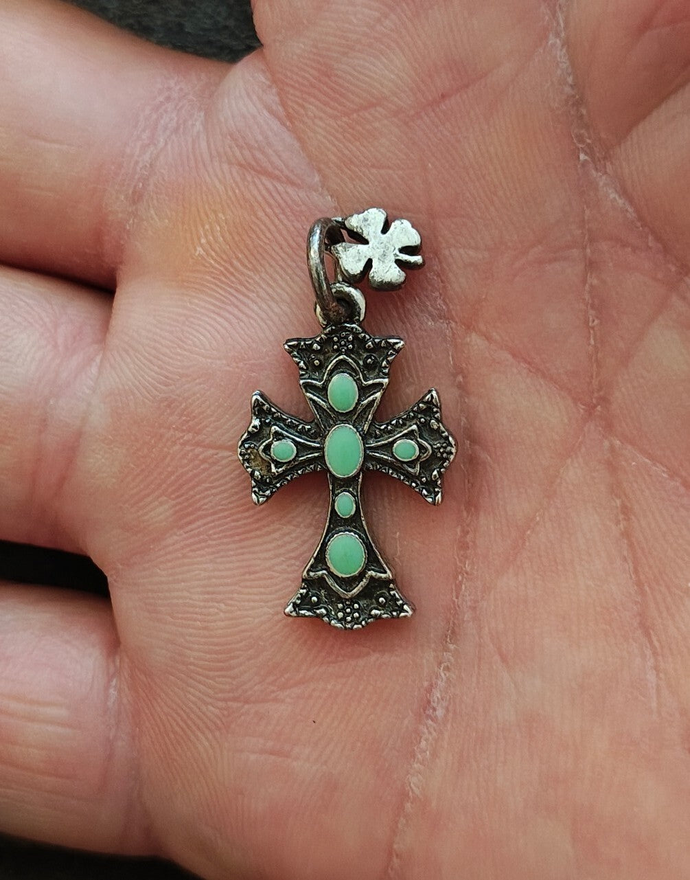 1990s Lucky Brand Antiqued Silver With Faux Turquoise Southwestern Cross Pendant