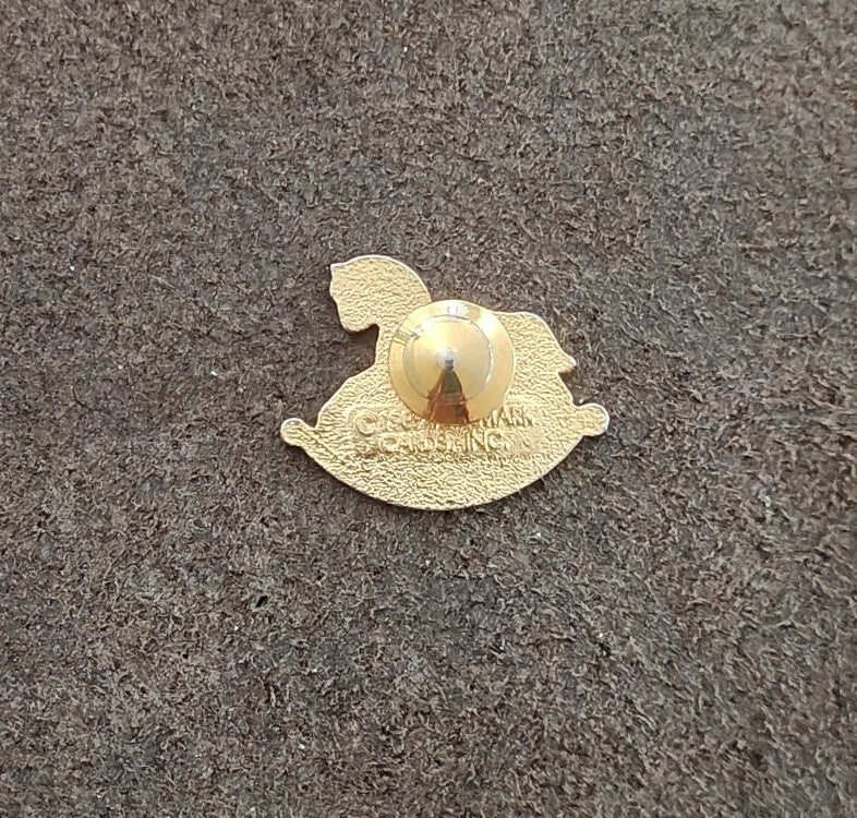 1989 Hallmark Rocking Horse Gold Tone With White, Red & Green Enamel Pin