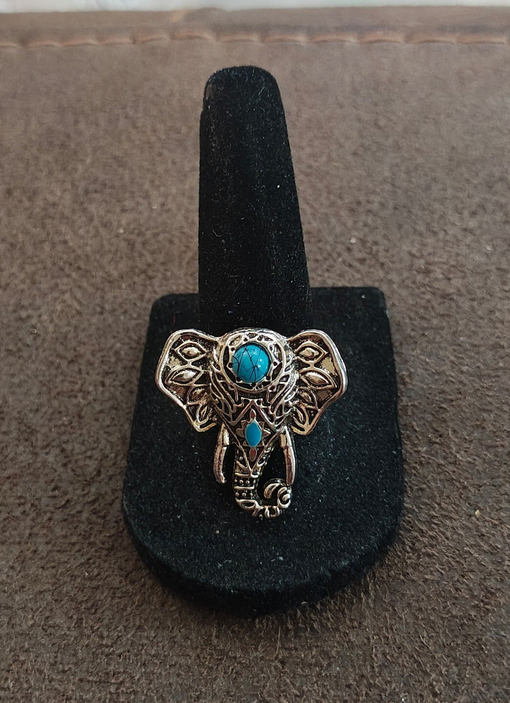 Bohemian Style Silver Tone With Faux Turquoise Stones Elephant Statement Ring