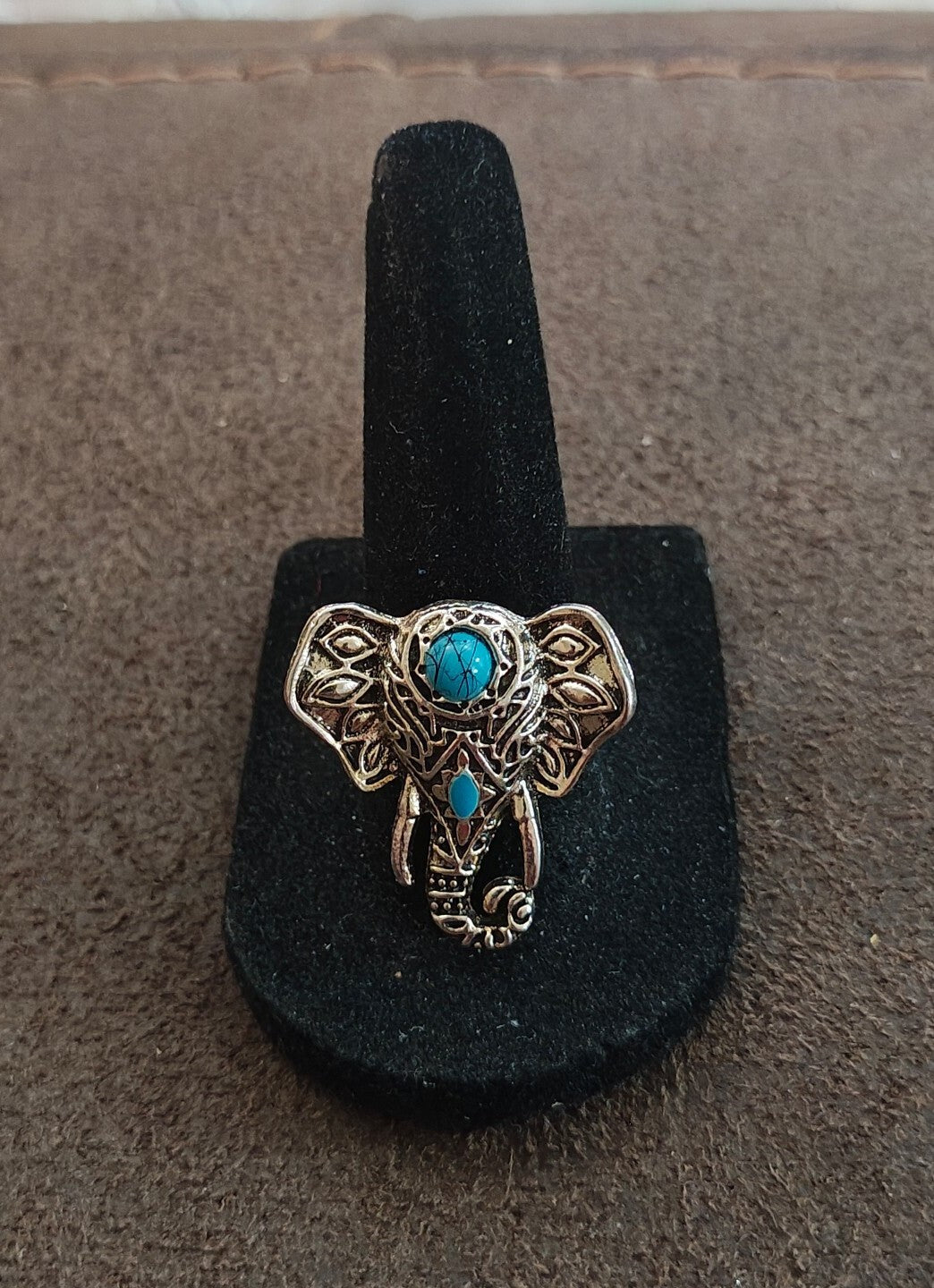 Bohemian Style Silver Tone With Faux Turquoise Stones Elephant Statement Ring