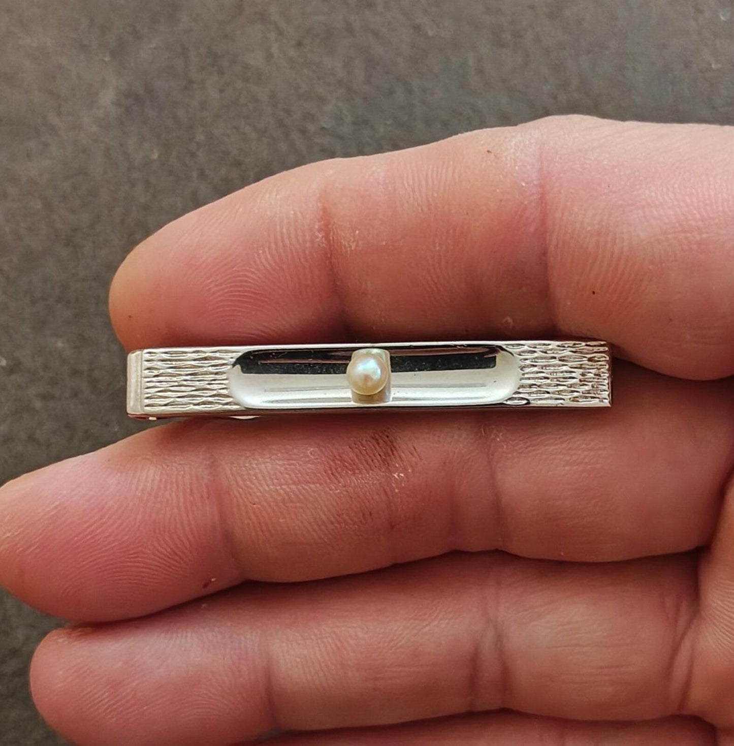 1960s Swank Silver Tone Textured With Centered Pearl