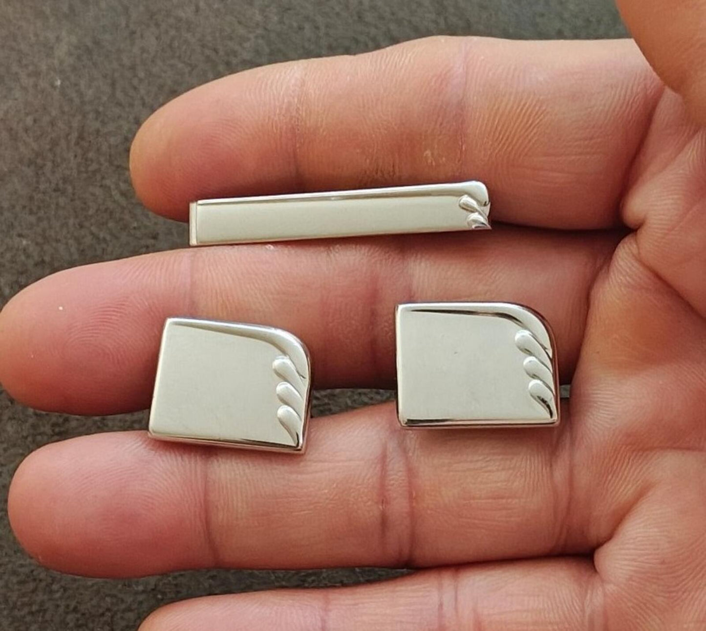 1960s Silver Tone Art Deco Style Tie Bar/Tie Clip & Cufflinks Set