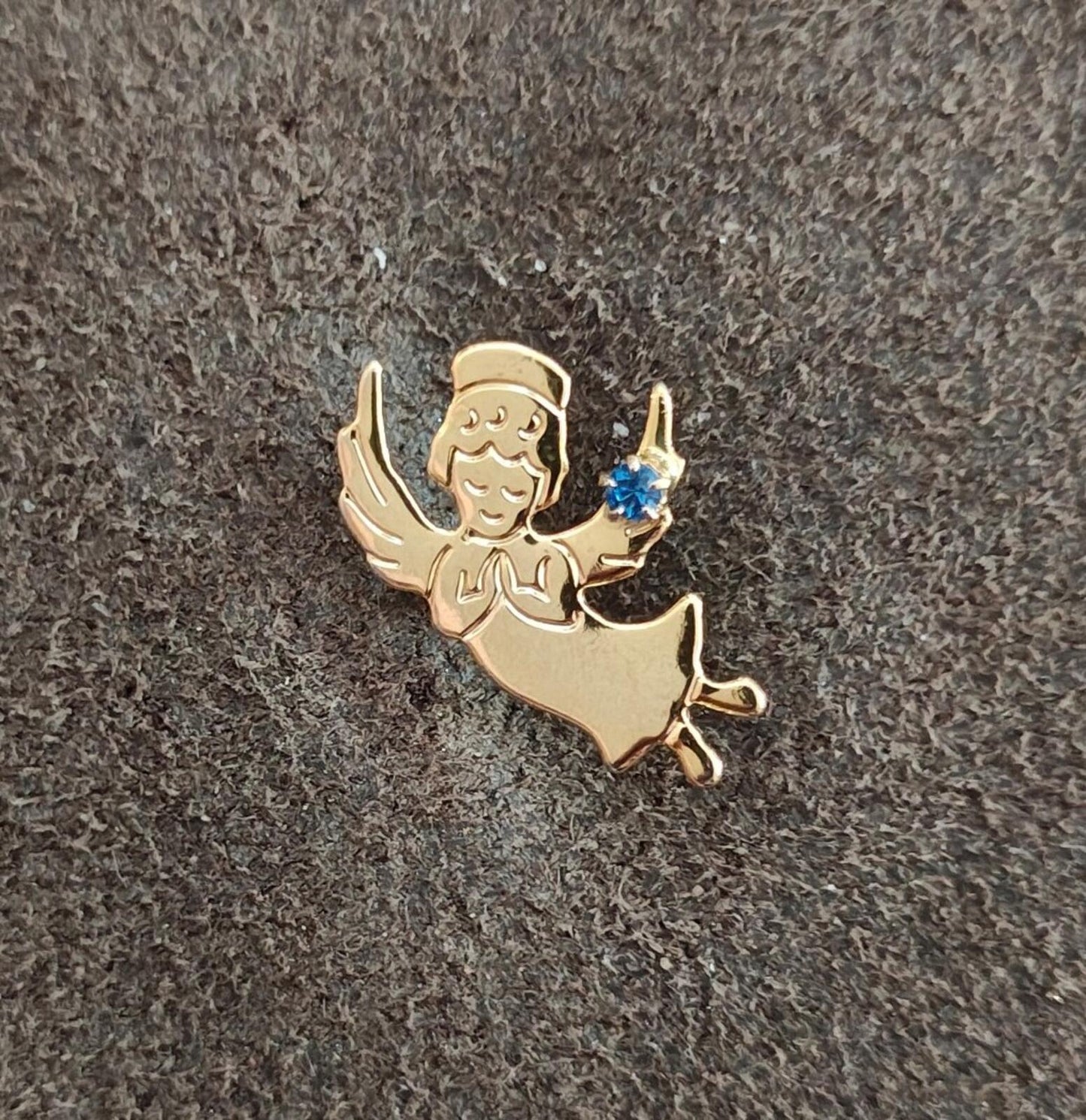 1980s Gold Told Guardian Angel With Small Blue Birthstone Rhinestone Pin