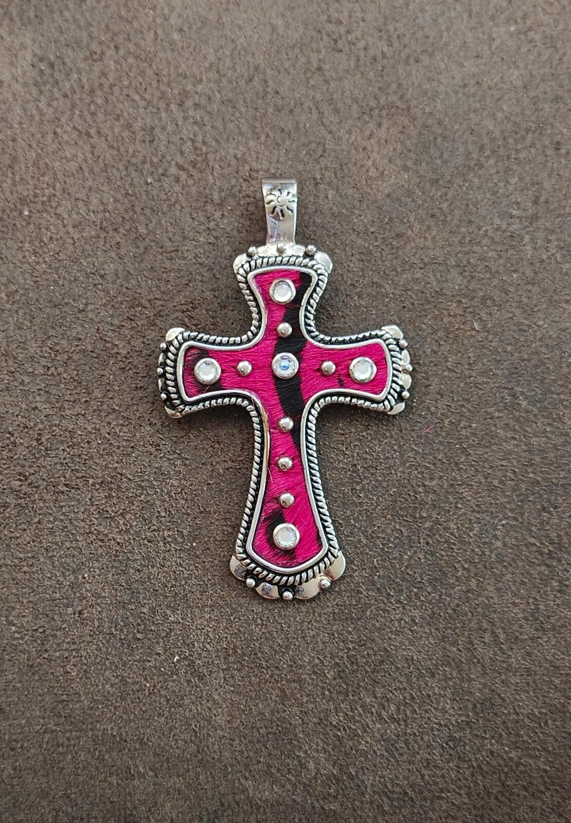 Western Style Pink Zebra Hair Inlay Cross Pendant With Rhinestones