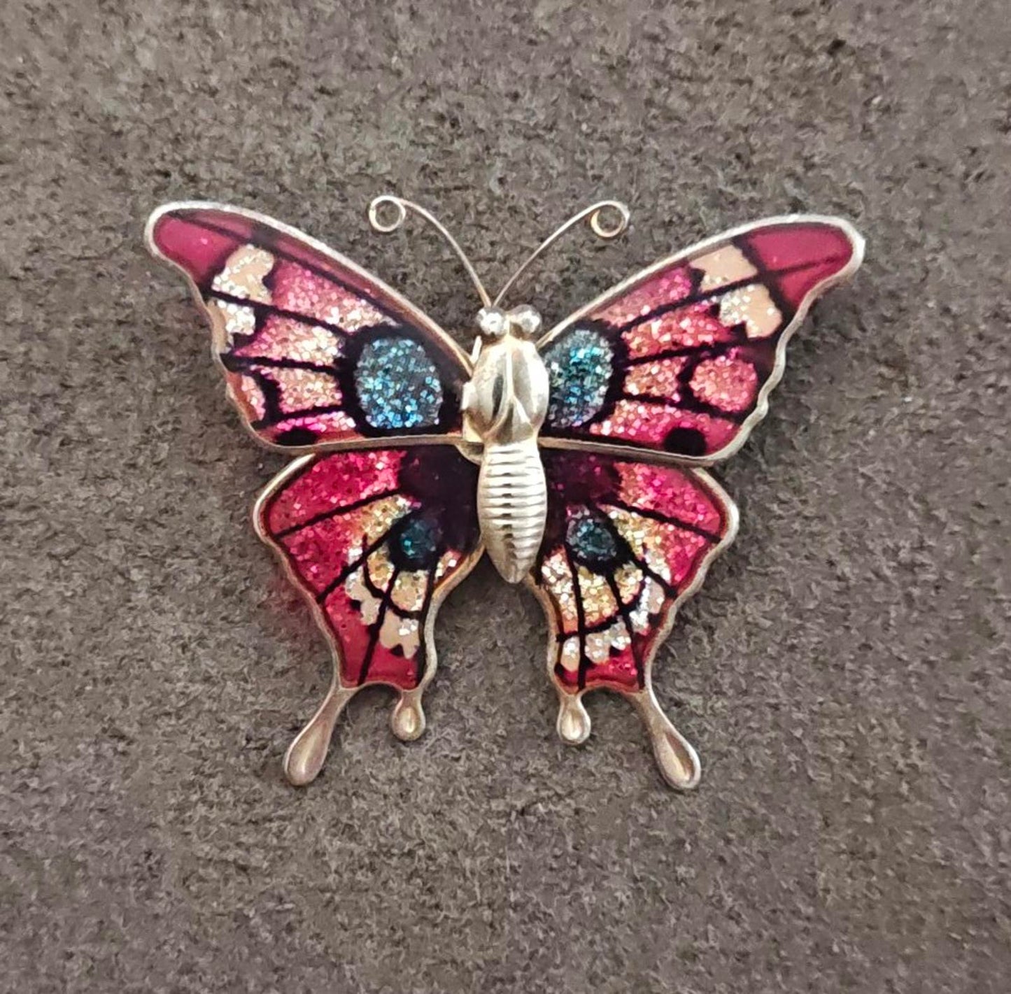 1970s Gold Tone Butterfly With Enamel & Glitter Accents Brooch
