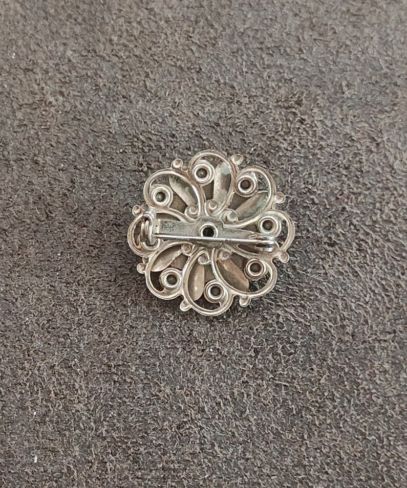 1950s Layered Flower Brooch With Red Rhinestones Gold Tone White Enamel Brooch