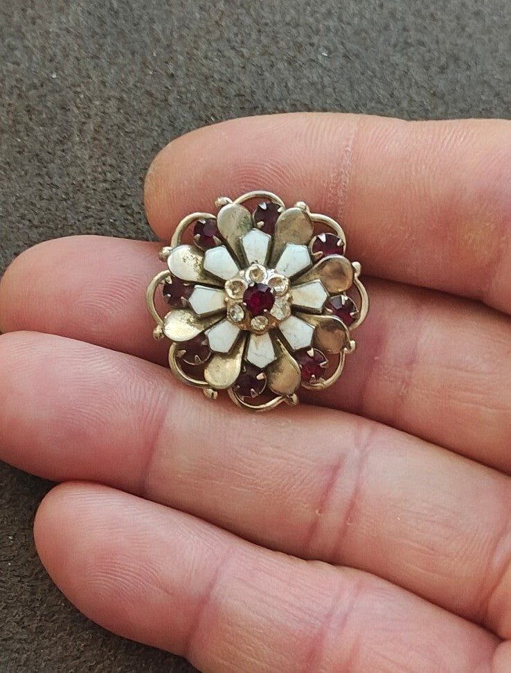 1950s Layered Flower Brooch With Red Rhinestones Gold Tone White Enamel Brooch