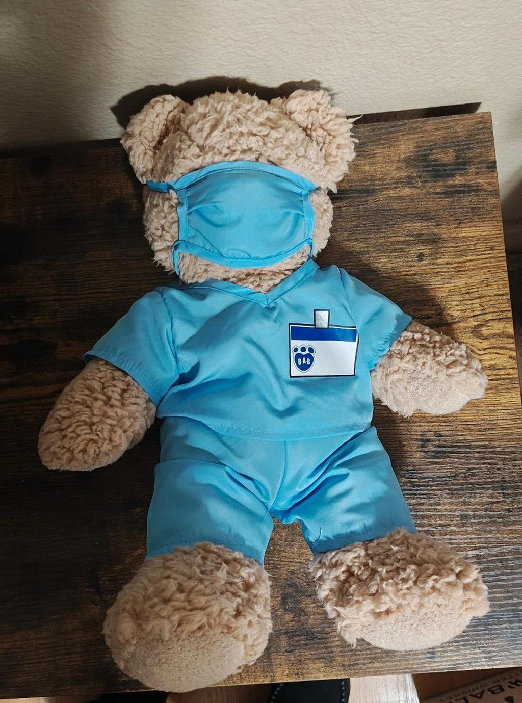 Brown teddy bear plush in blue scrubs, back view with raised arms and hood