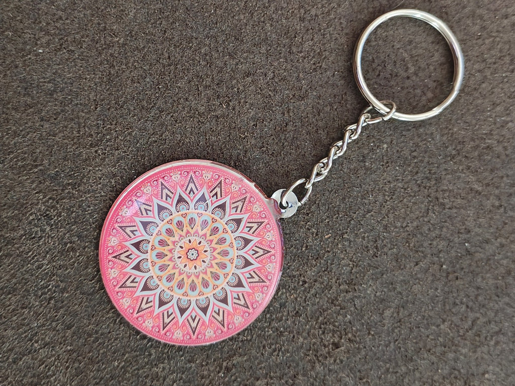 Silver Tone Pink Bohemian Mandala Art Keychain