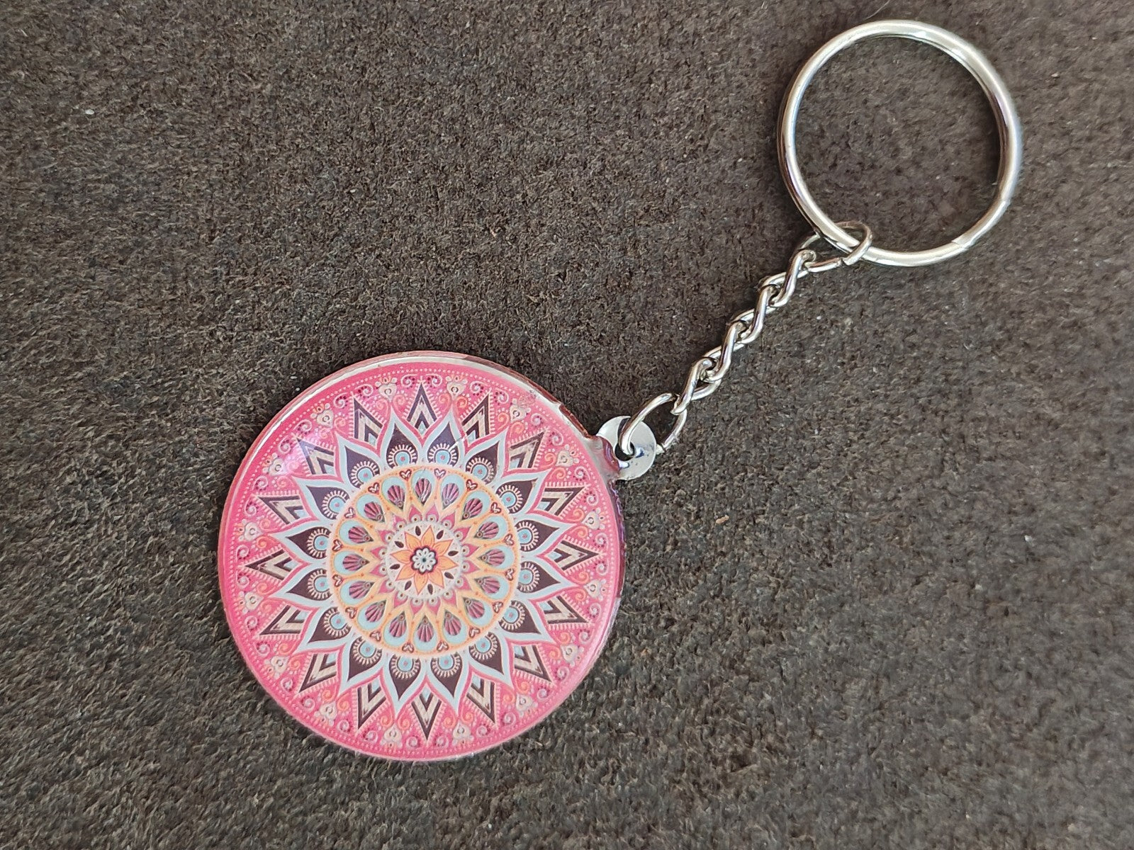 Silver Tone Pink Bohemian Mandala Art Keychain