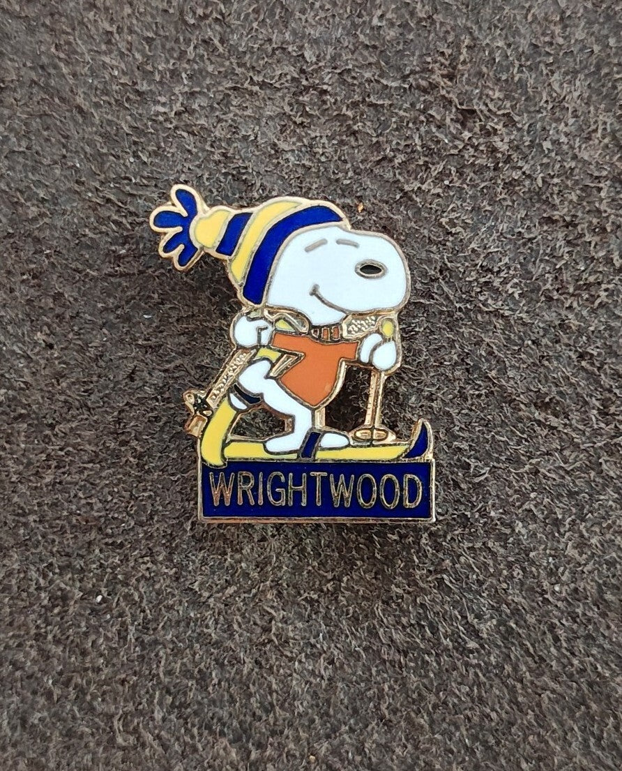 1970s Peanuts Snoopy Skiing Wrightwood  Cloisonné Gold Tone Enamel Pin