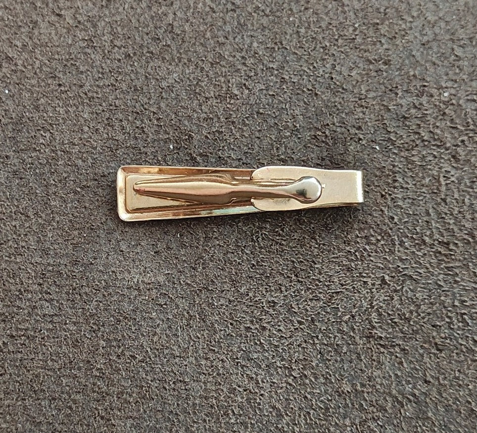 1950s/60 Gold Tone Tapered Black Inlay Tie Clip With Clear Faux Diamond Accent