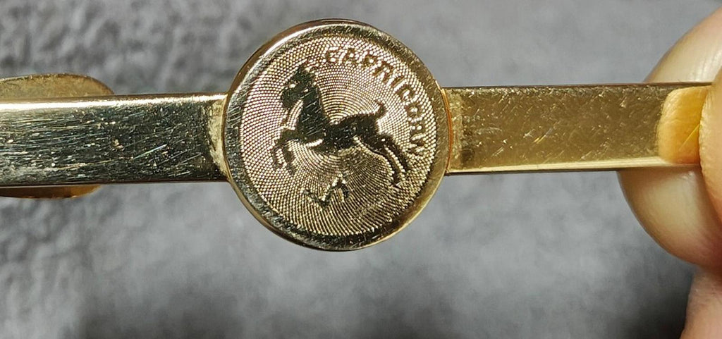 Gold-tone Capricorn tie bar close-up from side with round medallion