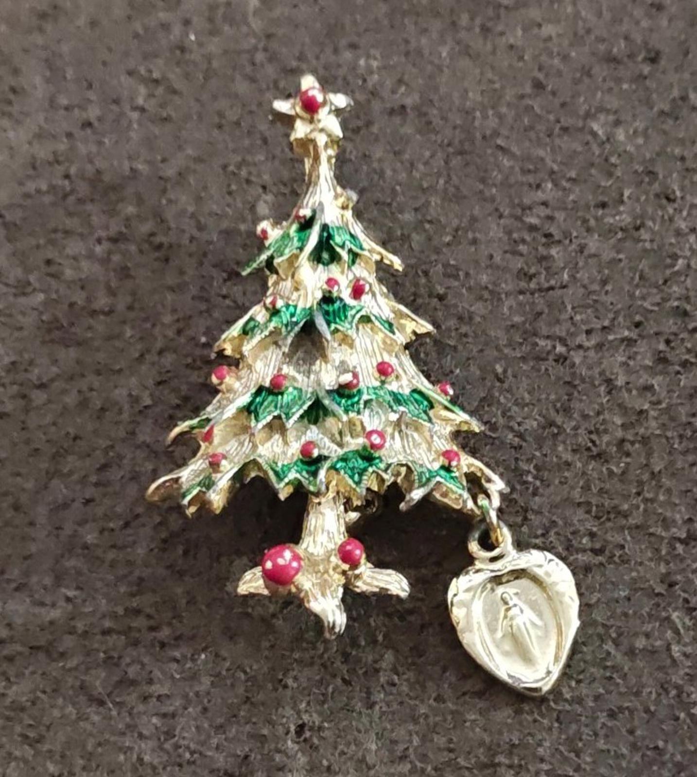 1960s Christmas Tree Brooch Featuring a Dangling Miraculous Medal Charm
