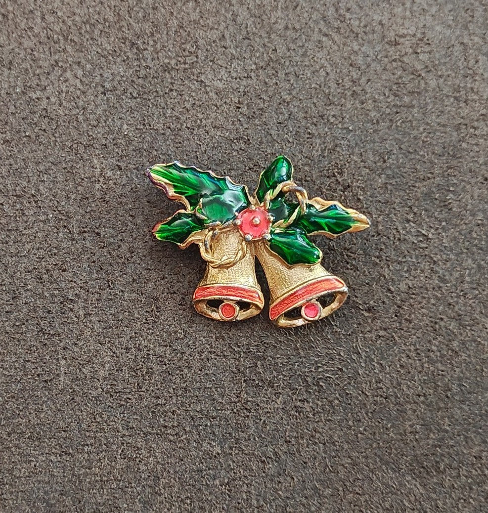 1970s Vintage Gold Tone Enamel Christmas Bells Brooch Pin