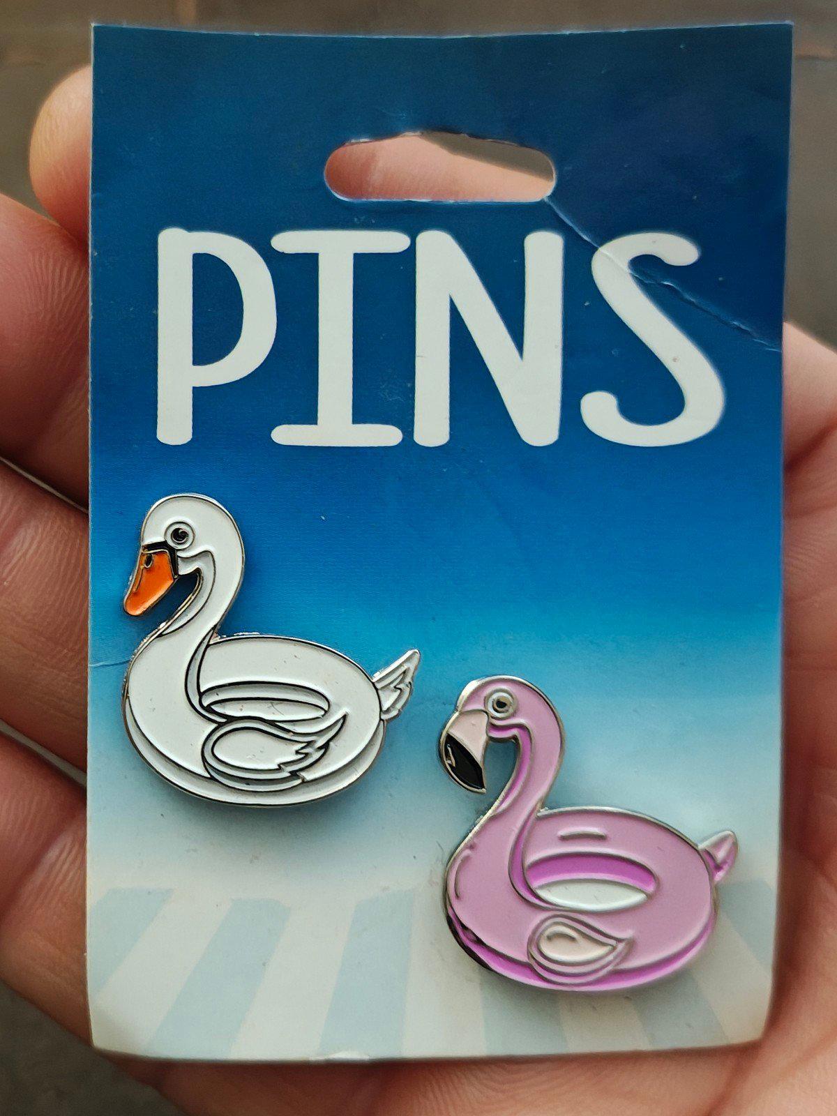 Colorful Set Of 1 White Swan Pin and 1 Pink Flamingo Silver Tone Pins New