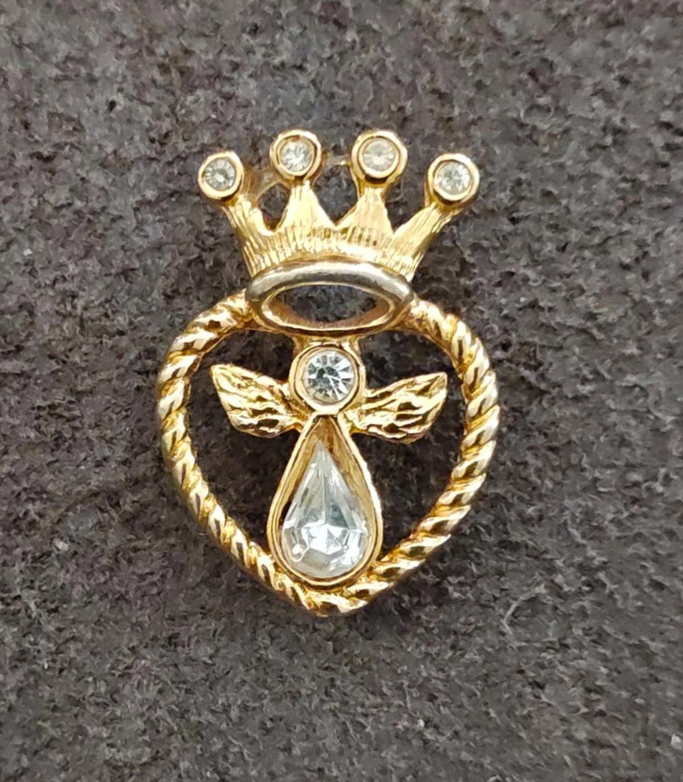 1997 Signed IMO "Angel Heart Crown" Gold Tone With Rhinestones Pin