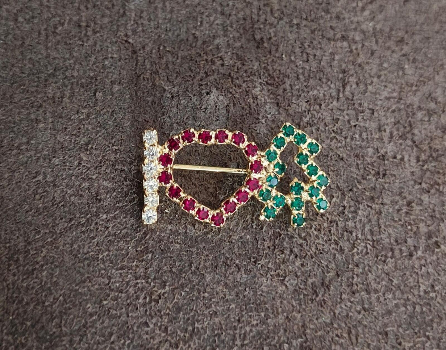1980s "I Heart Christmas Tree" Gold Tone With Multi Colored Rhinestones Brooch