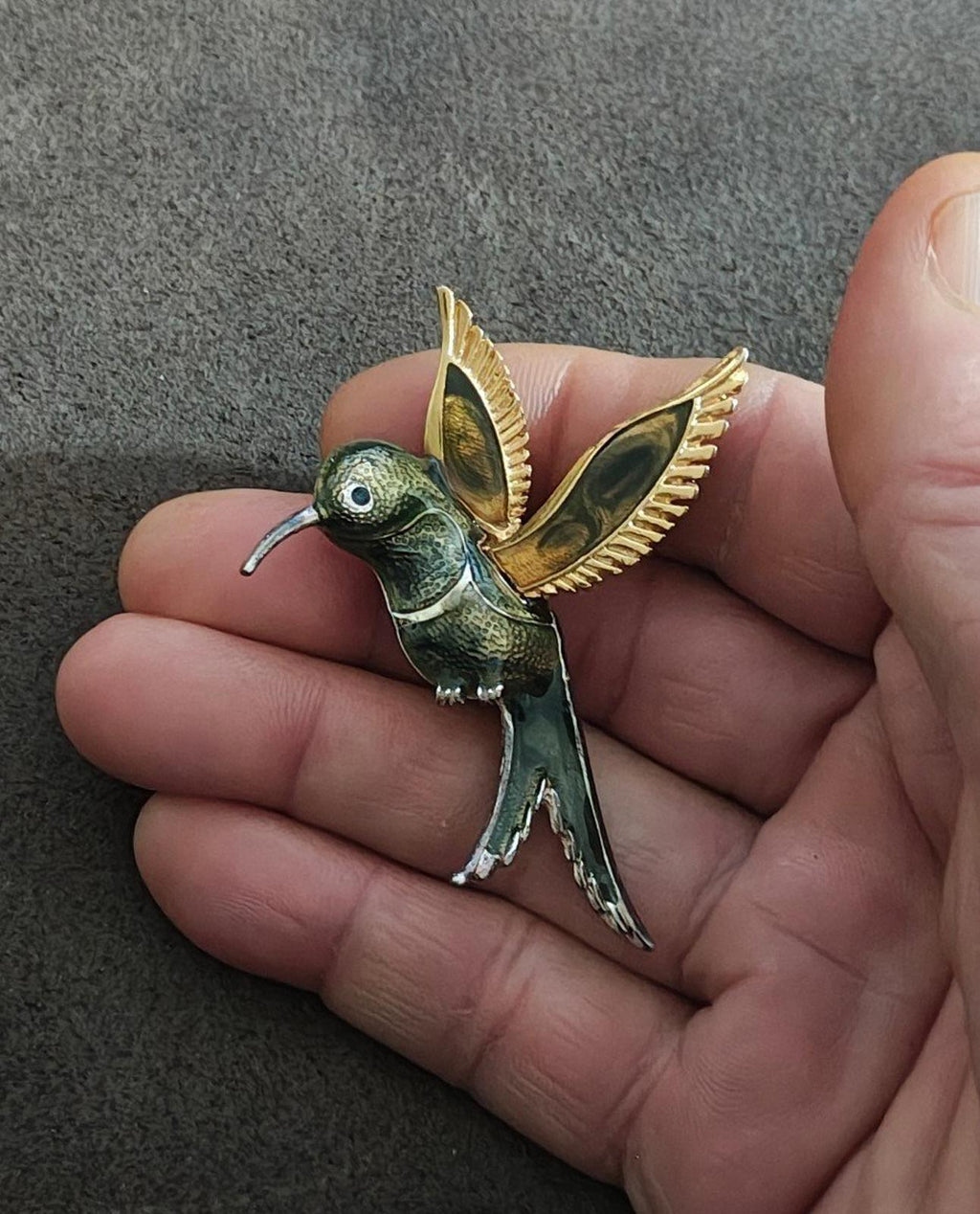 1980's Silver And Gold Tone With Green Enamel Hummingbird Brooch Pin