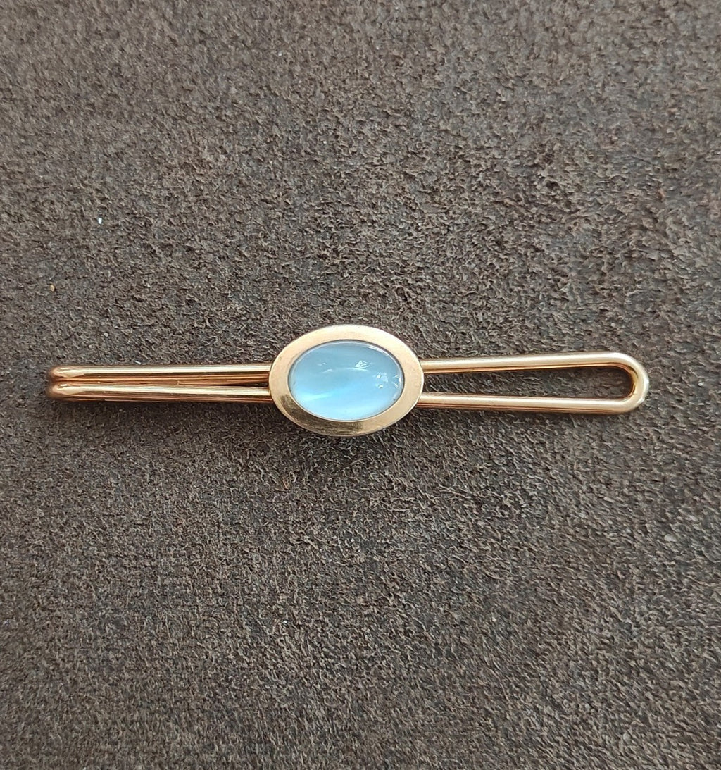 1950s Oval Blue Cabochon Gold Tone Wire Loop Tie Bar/Tie Clip