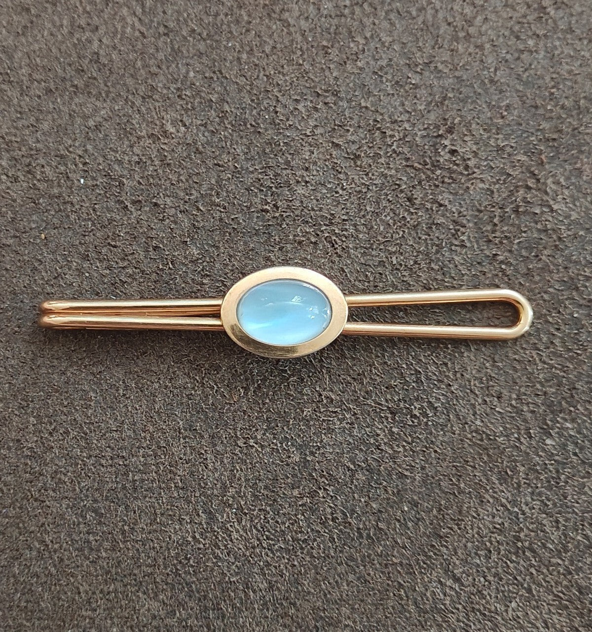 1950s Oval Blue Cabochon Gold Tone Wire Loop Tie Bar/Tie Clip
