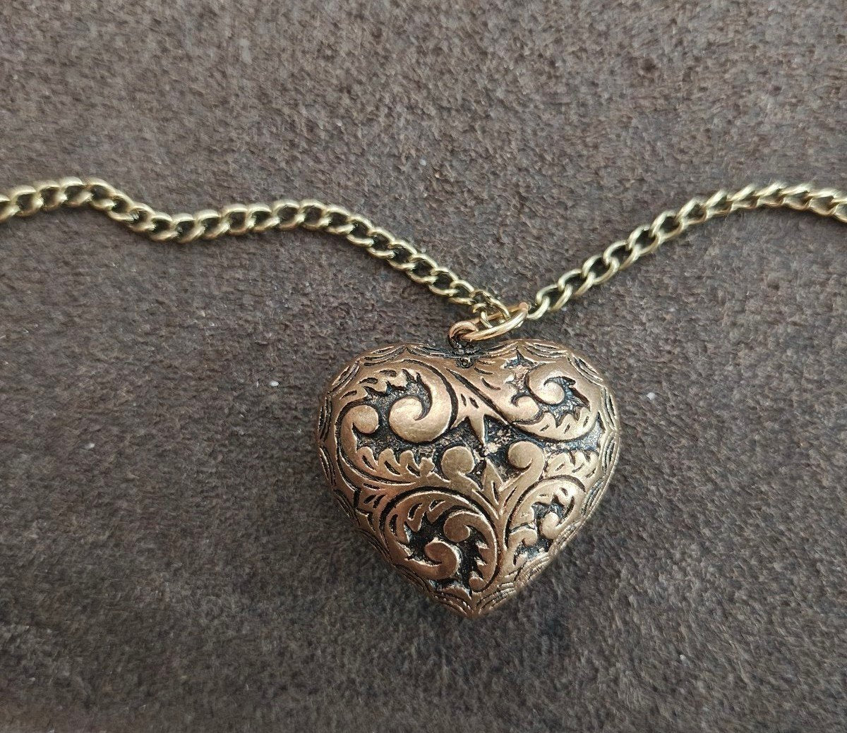 Vintage Style Ornate Puffy Heart Antique Brass Tone Pendant Necklace