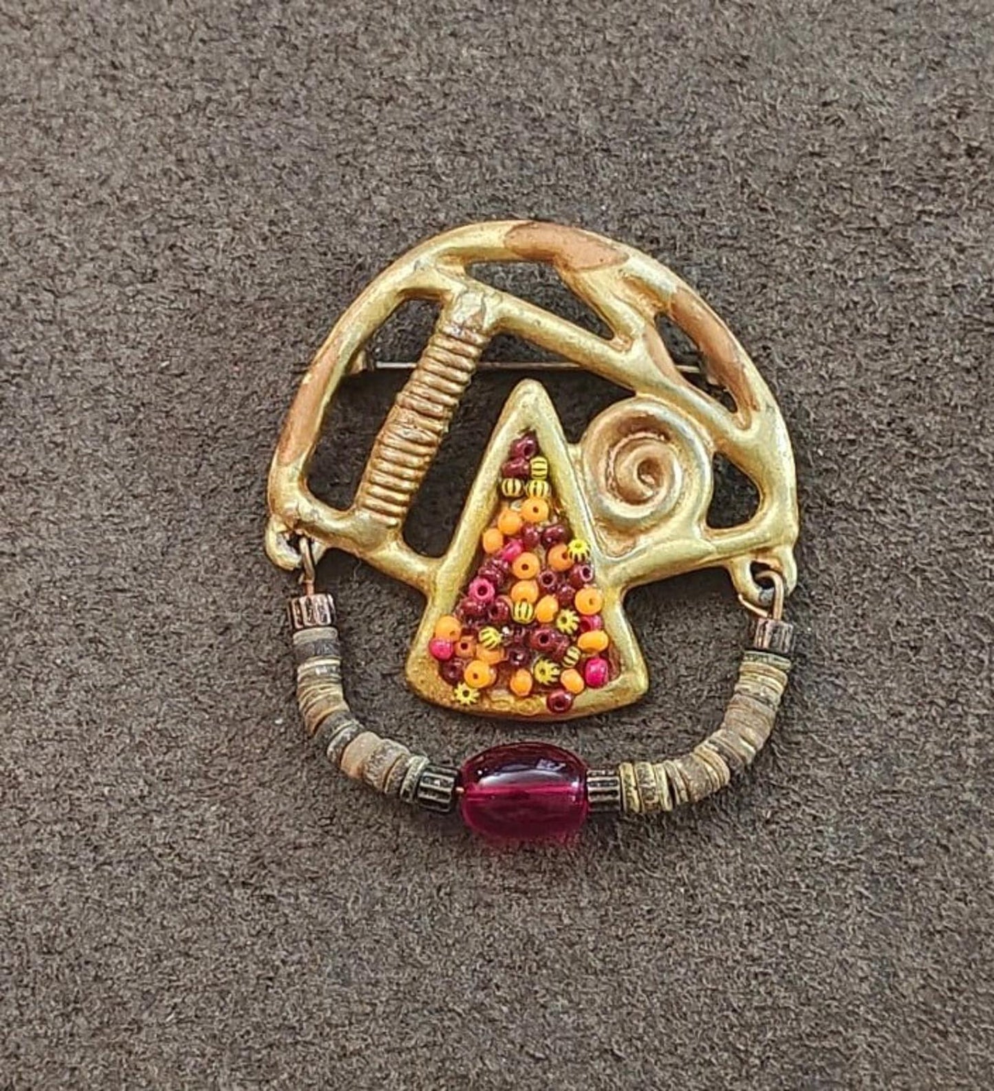 Articulated Abstract Modernist With Heishi Beads & Colorful Stones Brooch