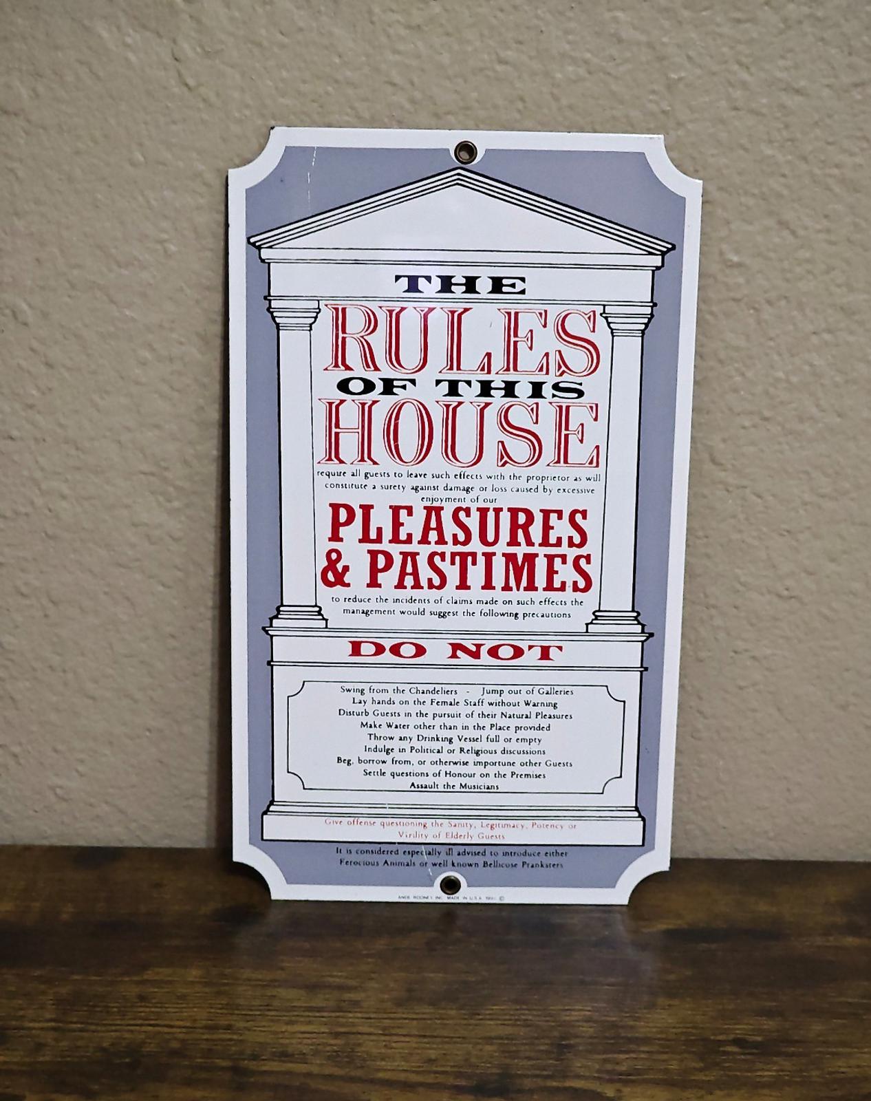 1991 Ande Rooney "The Rules of This House" Porcelain Enamel Metal Sign