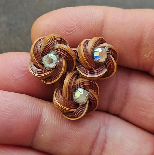 1980s Vintage Handmade Bamboo Craft Three Flowers With Rhinestones Pin Brooch.