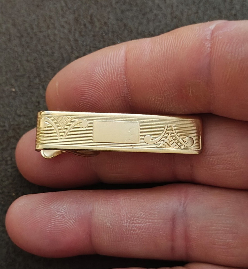 1950s/60s Gold Tone Etched Tie Bar Clip