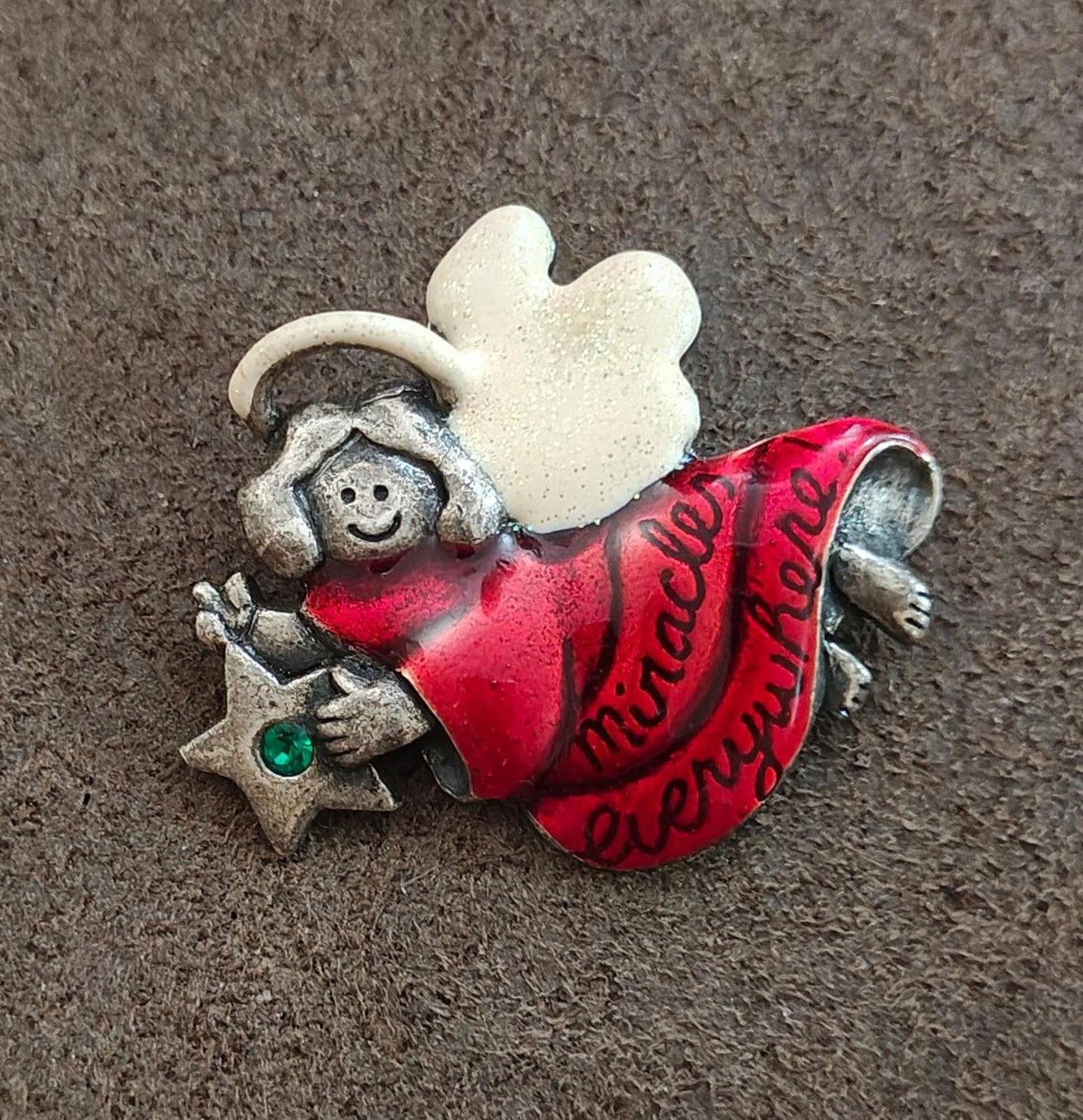 1980's Glittery Enamel Angel with Rhinestone Brooch