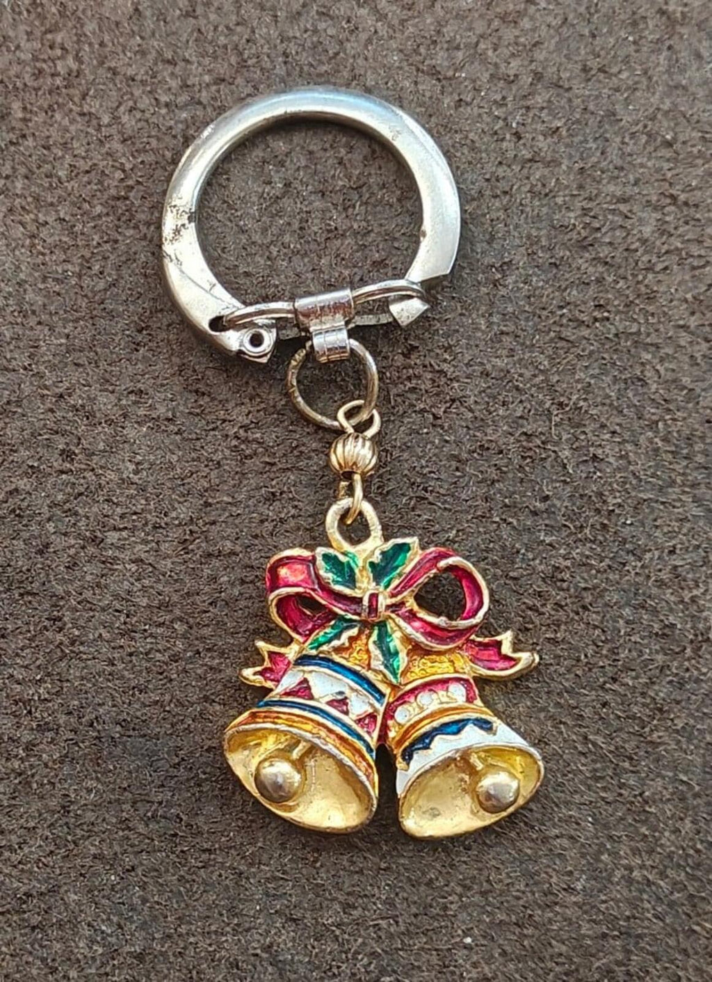1980s Gold Tone With Red White & Green Enamel Christmas Bell Keychain