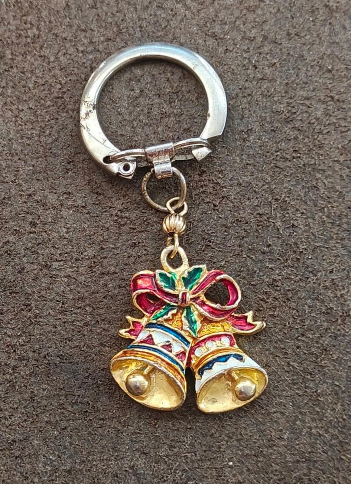 1980s Gold Tone With Red White & Green Enamel Christmas Bell Keychain