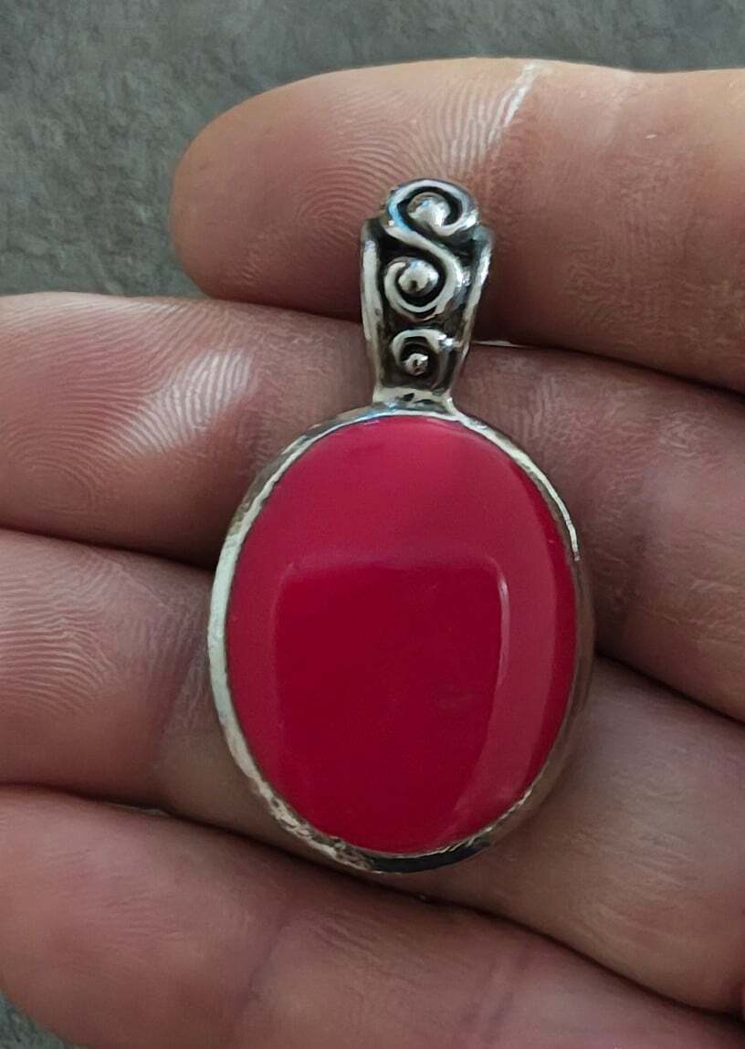 1980s Boho Style Red Stone Silver Tone Pendant.