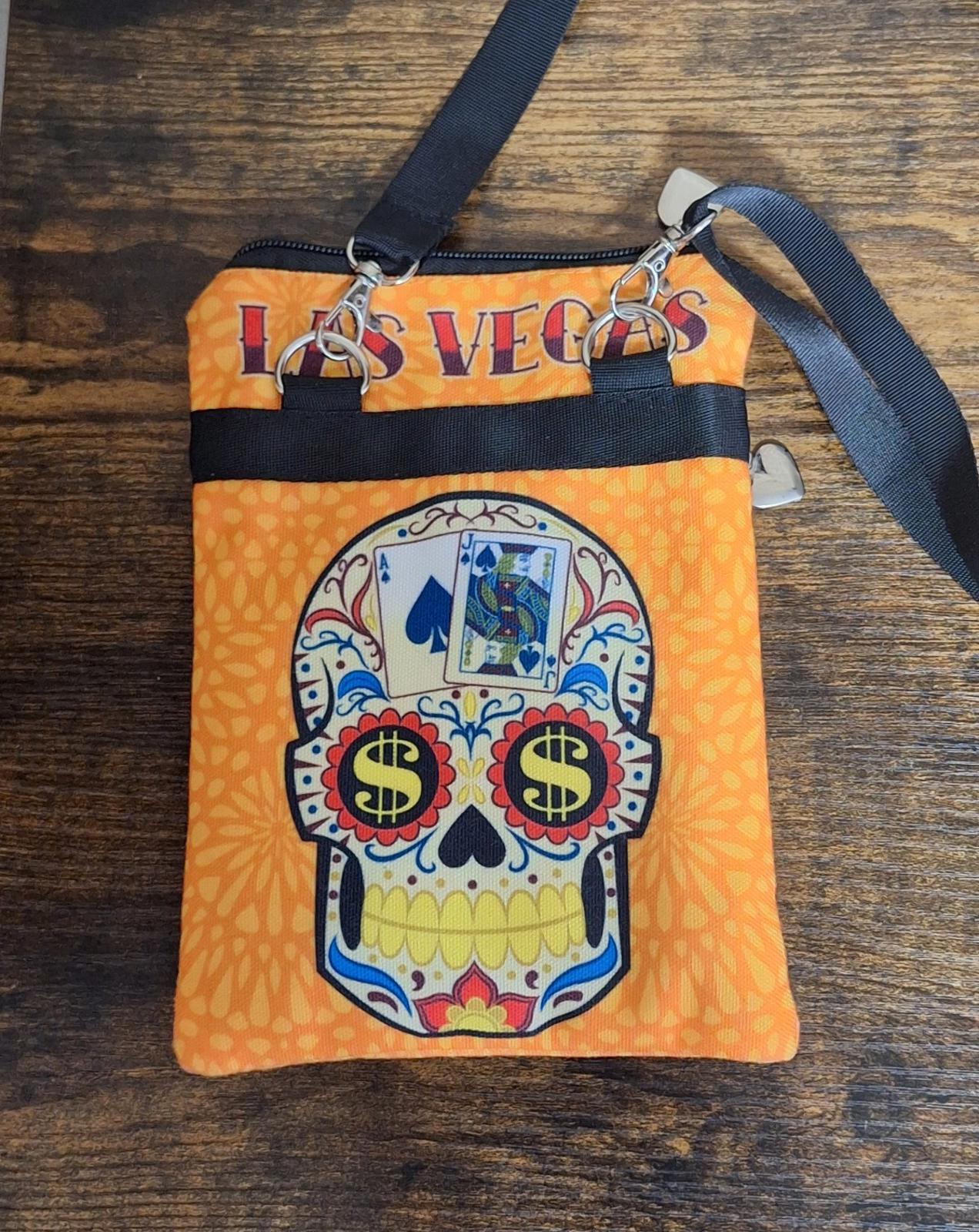 Welcome To Fabulous Las Vegas Orange Zippered Skull With Heart Accents Purse