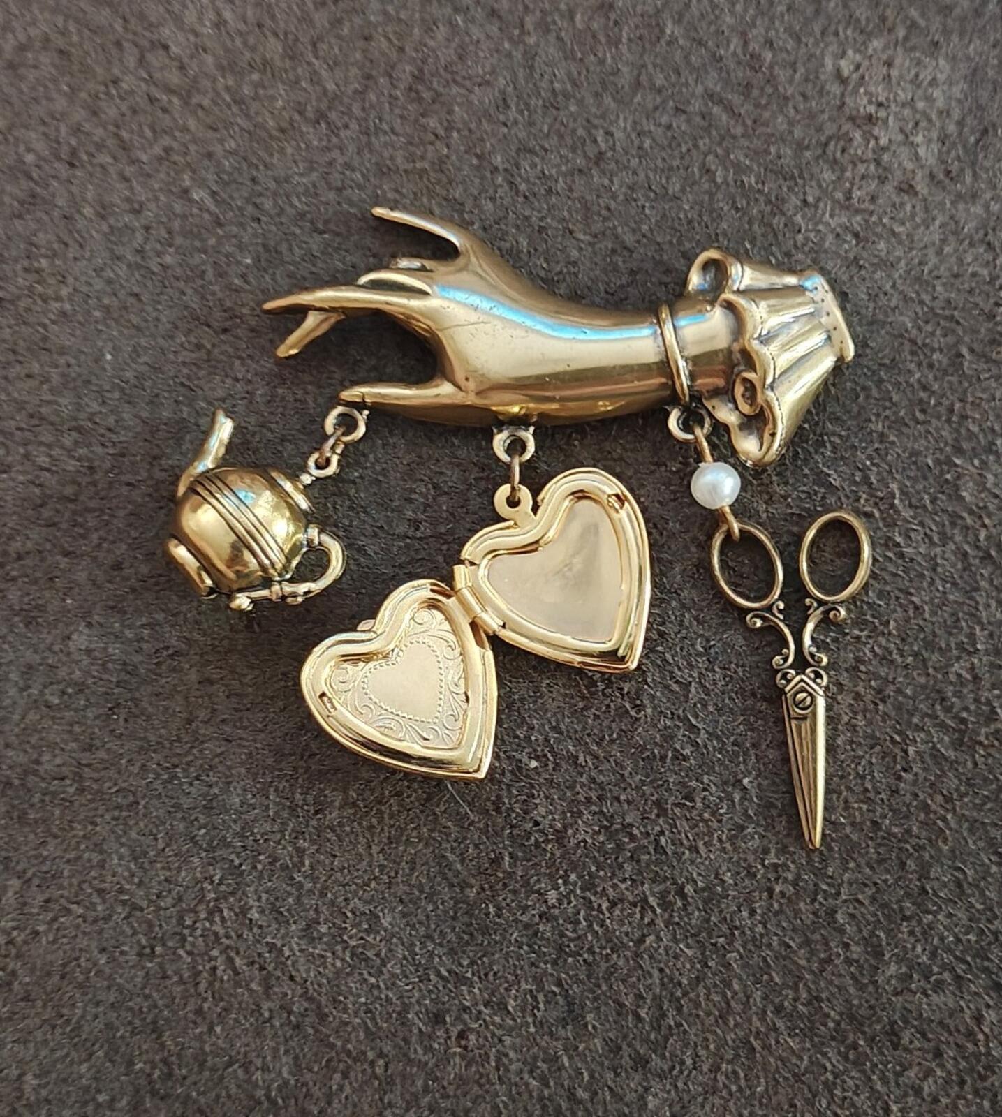 1980s/90s Victorian Style Chatelaine Inspired  Gold Tone Charm Dangle Brooch