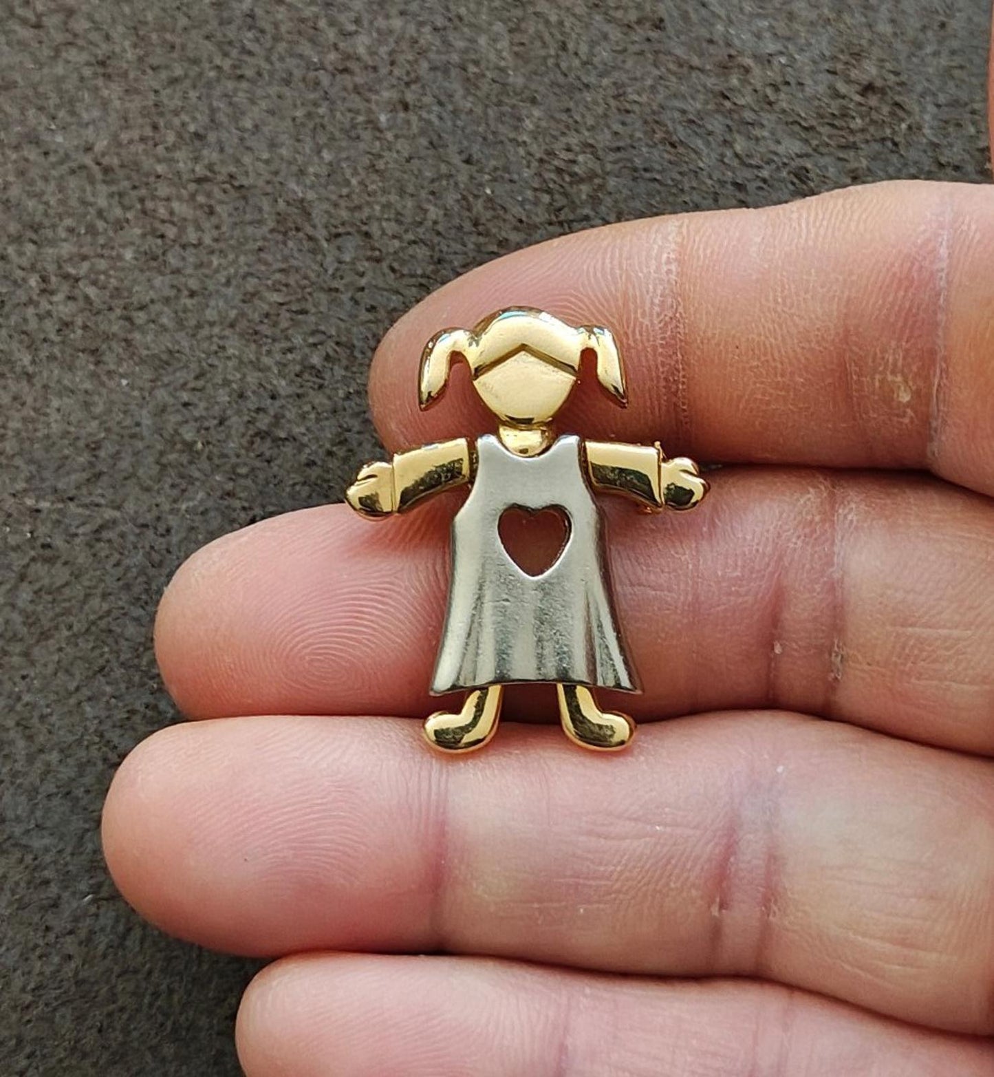 1990s Two Tone Little Girl With Pigtails In Dress With Heart Shaped Cutout Brooch