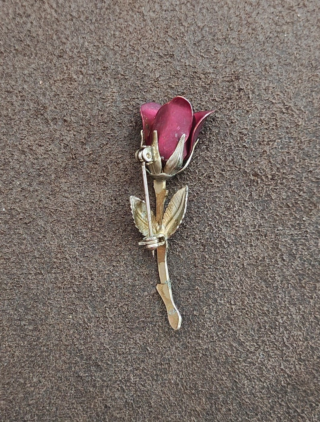 1960s Gold Tone Red Enamel Rose Bud With Stem Brooch Pin