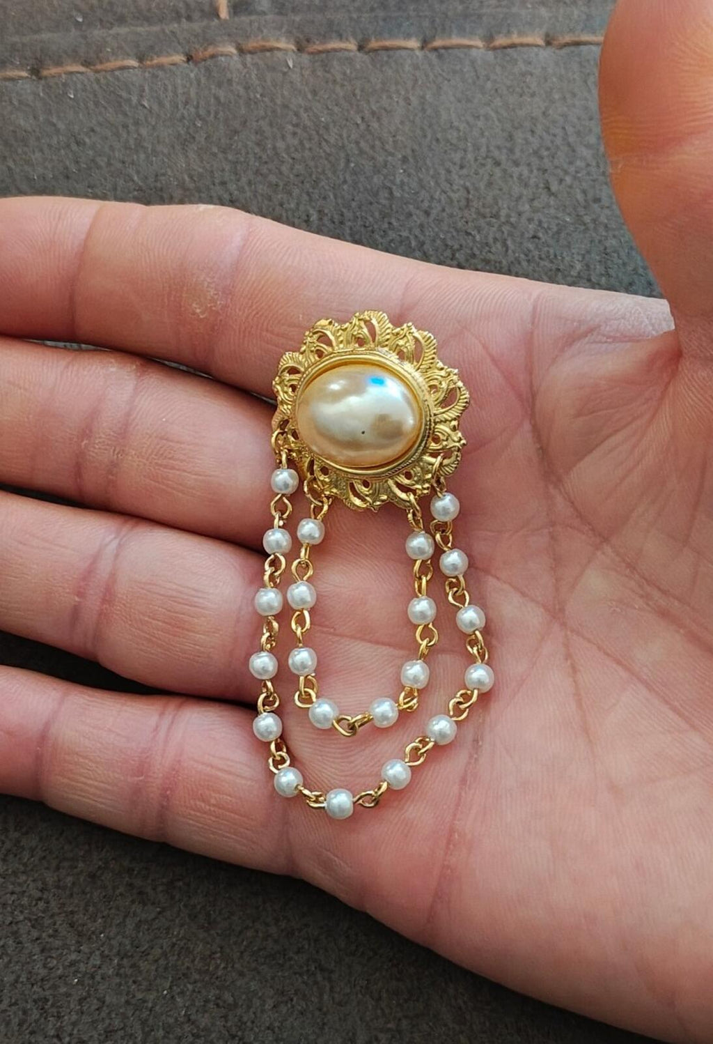 Gold filigree oval faux pearl chatelaine brooch with pearl tassel drops