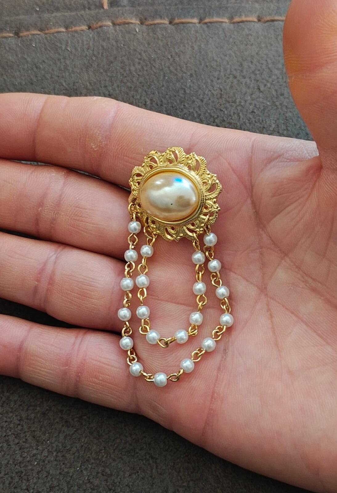 1980s Gold Tone Filigree Chatelaine Brooch With a Center Faux Pearl