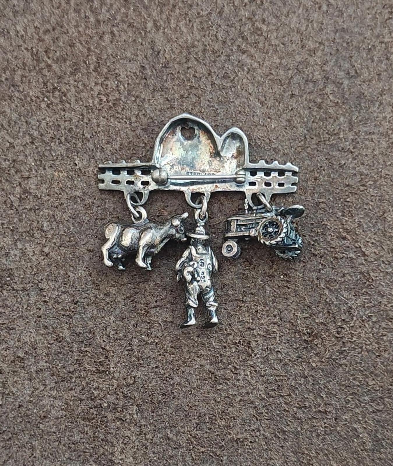 1990s Antiqued Sterling Silver Farm  Charm Dangle Pin