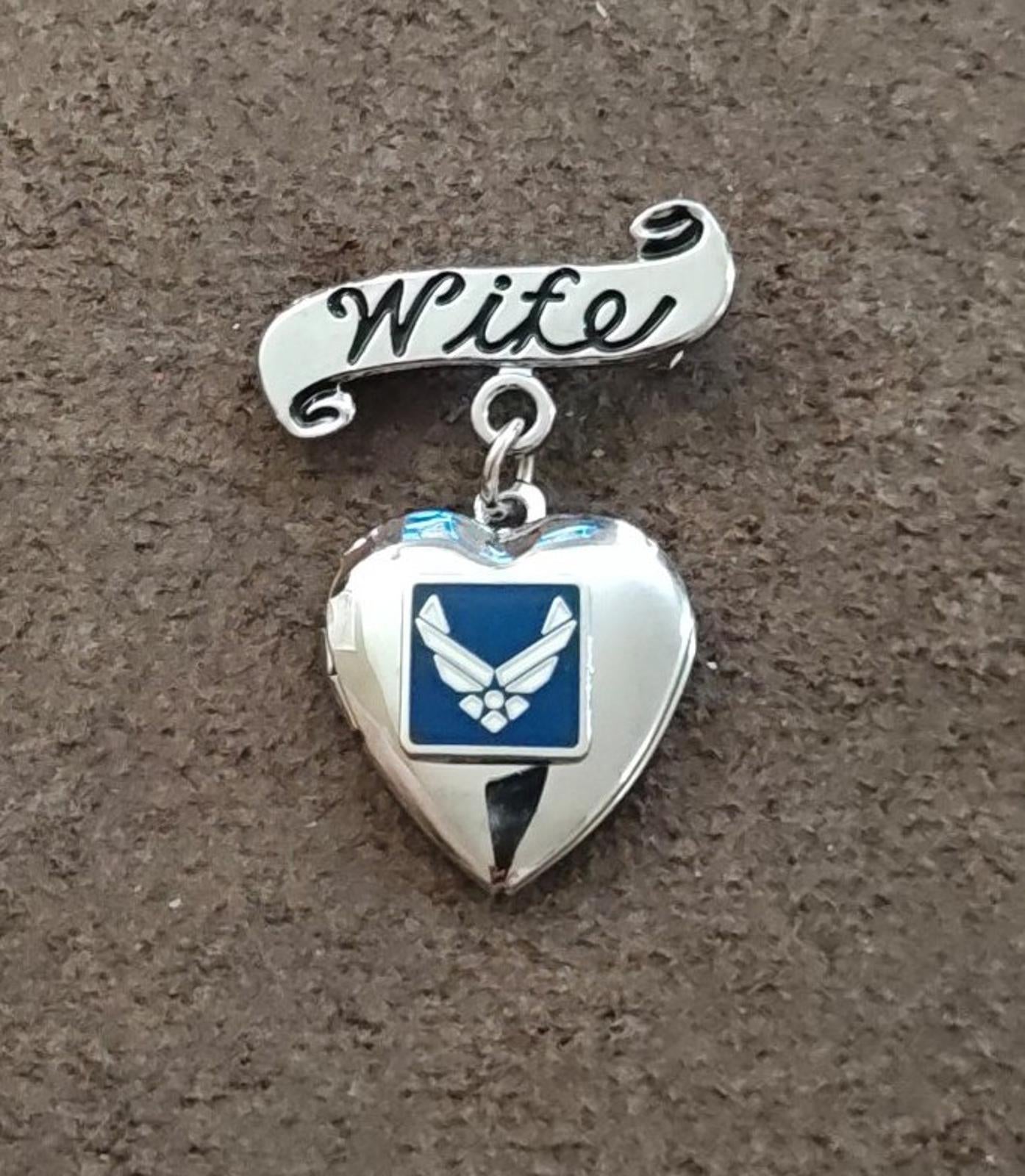 U.S. Air Force Wife Silver Tone With Blue & White Enamel Dangle Brooch Locket